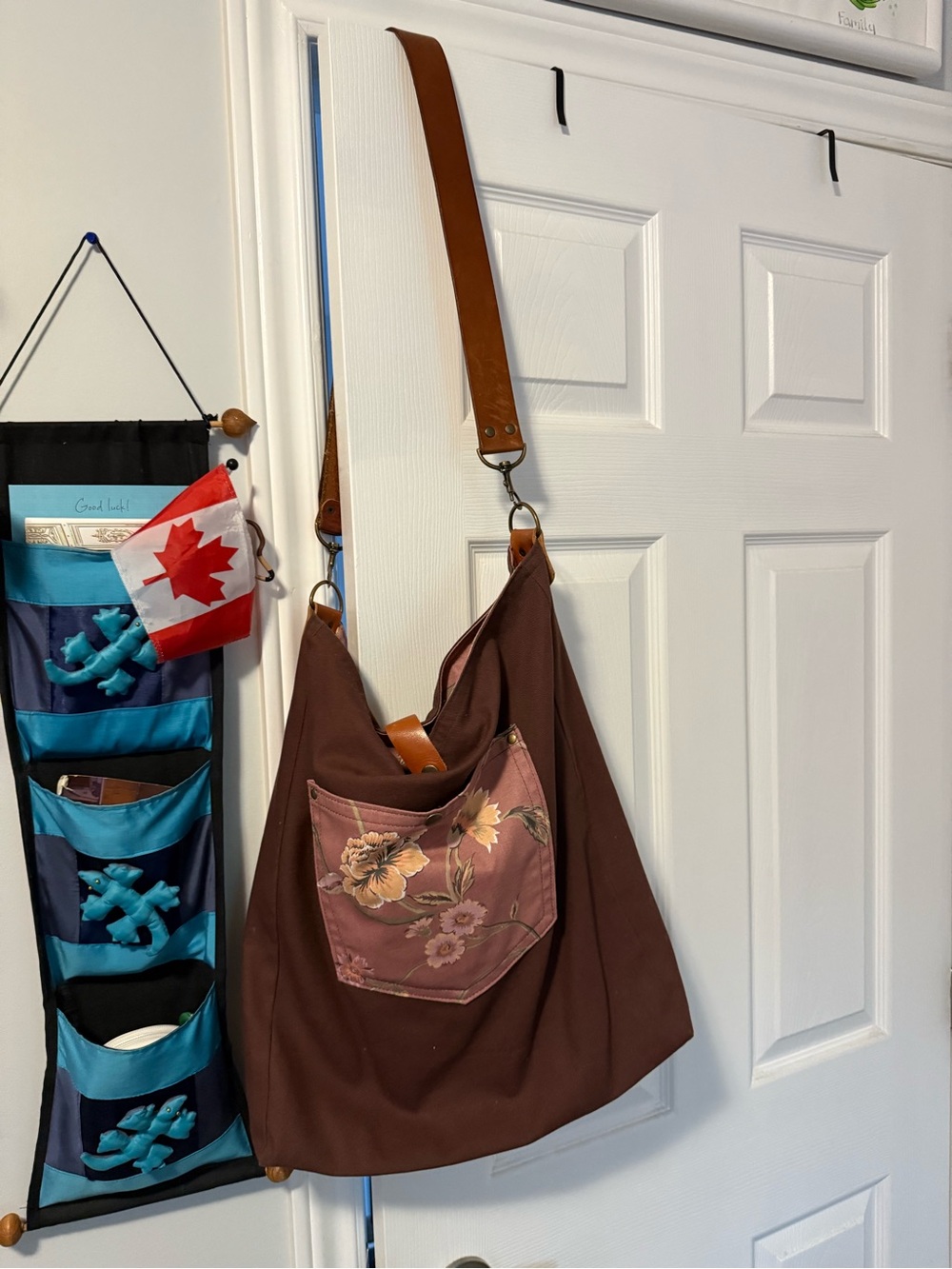 Brown Shoulder Bag with Floral Pocket and Leather Strap